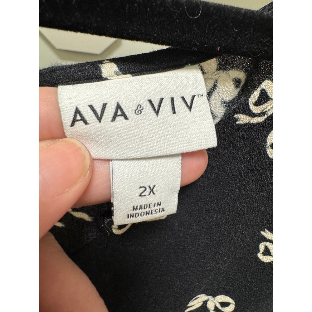 Ava & Viv Dress Womens 2X Black Bow Print Midi V-Neck Long‎ Sleeve Rayon New - Picture 3 of 10